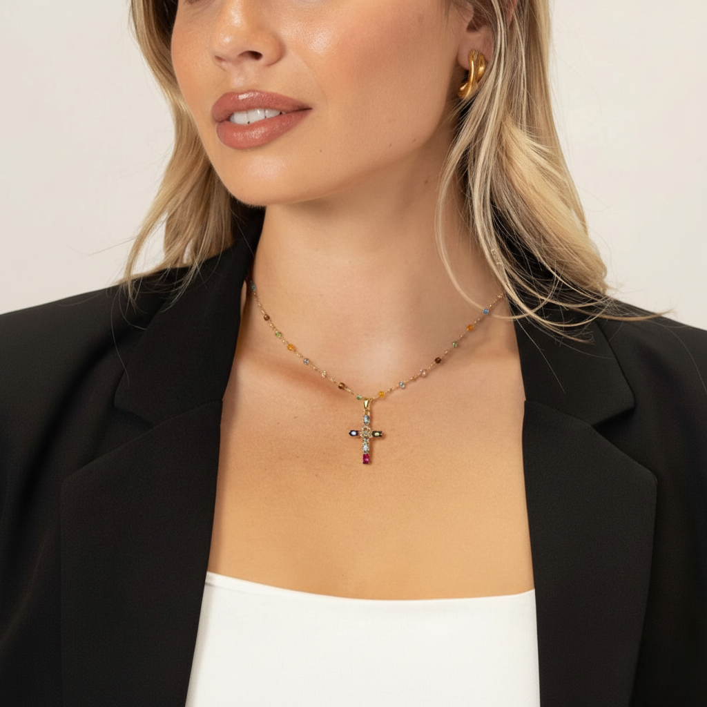 Vibrant Gem Cross Necklace