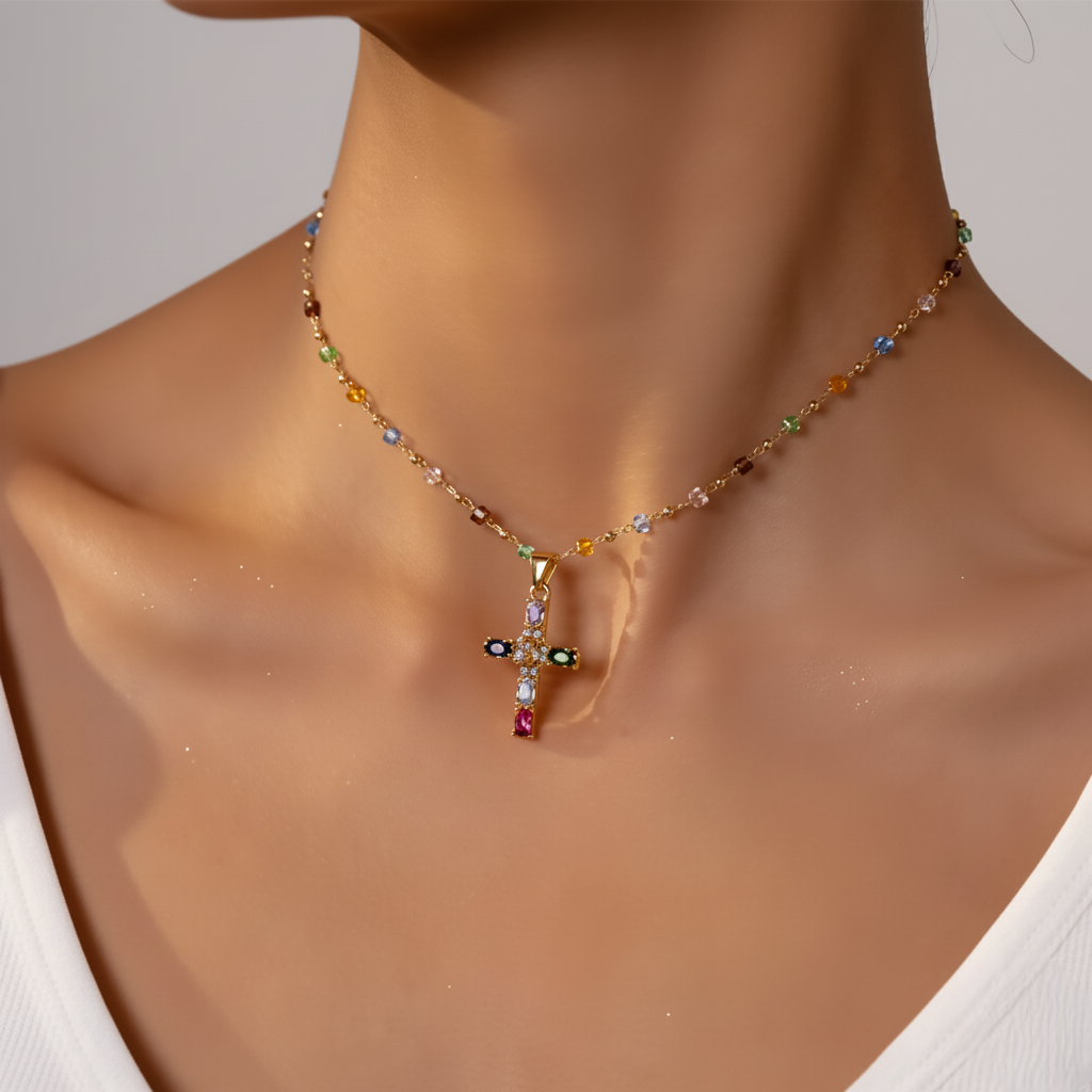 Vibrant Gem Cross Necklace