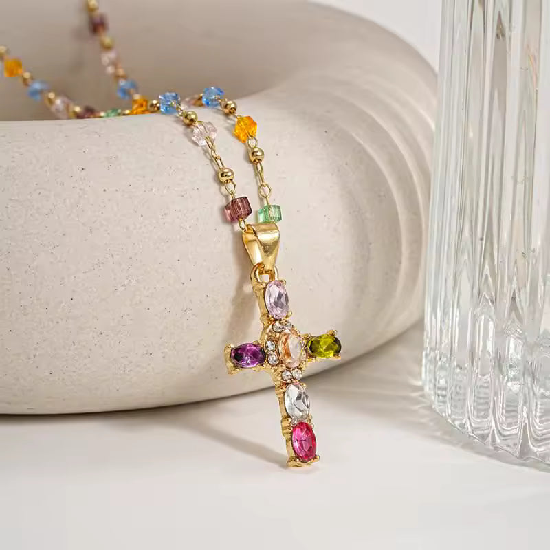 Vibrant Gem Cross Necklace